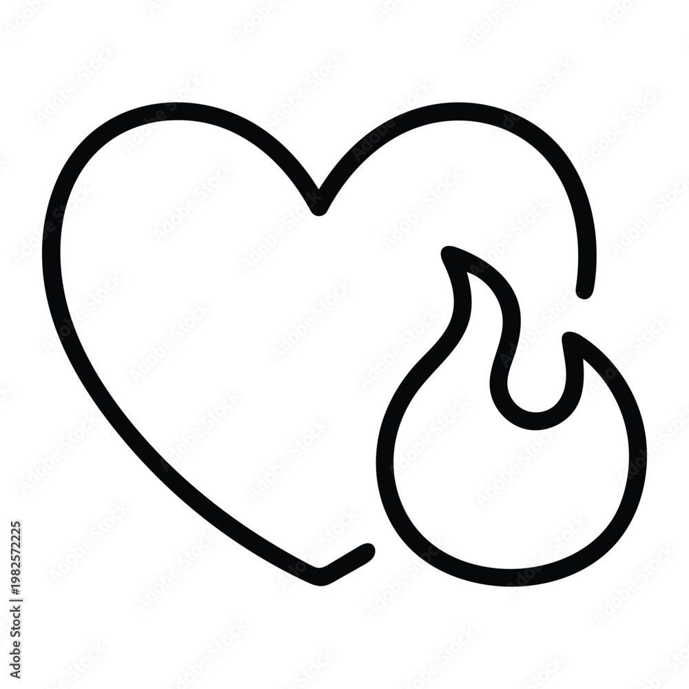 Fototapeta premium Minimalist line art icon of a heart with a flame, representing passion, burning love, and intense desire