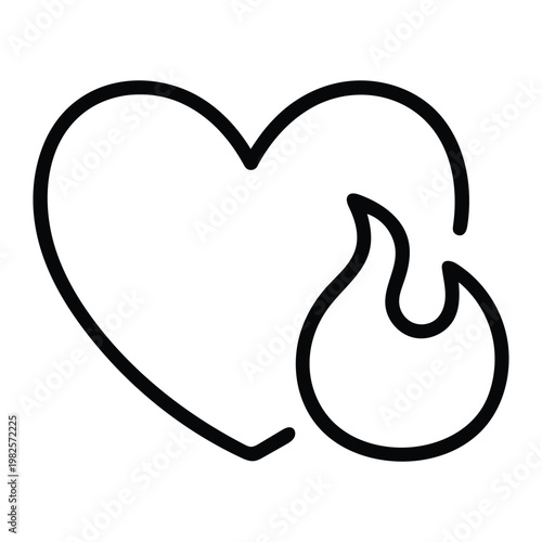 Minimalist line art icon of a heart with a flame, representing passion, burning love, and intense desire