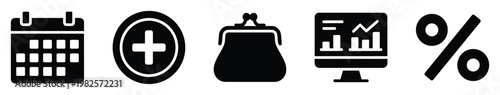 Modern financial management glyph icons featuring calendar scheduling, monetary transactions, analytical reporting, and percentage calculation, perfect for business applications and
