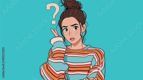Young Woman with Question Mark Expression Illustration