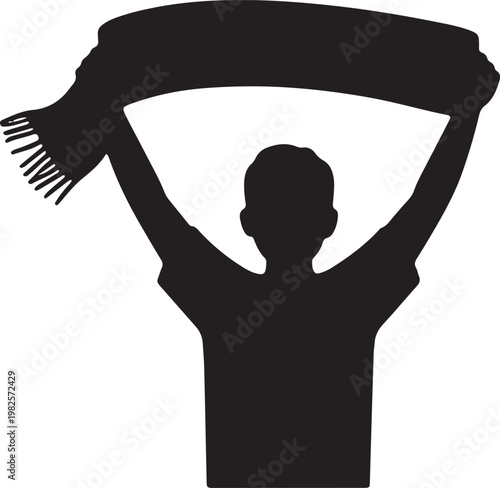 Vector silhouette of a sports fan holding a scarf high up above his head in support of a team