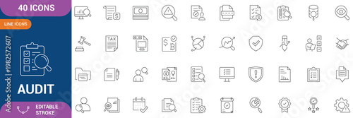 Audit Icon Set. Containing Inspection, Documentation, Auditor, Checkmark, Compliance, Report, Verification and etc . Line Icon. Editable Stroke. Vector Illustration