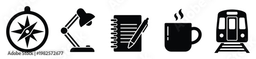 Versatile set of black silhouette icons depicting a compass, desk lamp, notebook with pen, steaming coffee cup, and train, perfect for navigation, office, study, and daily commute themed
