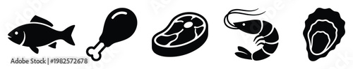 Diverse set of meat, poultry, and seafood icons including fish, chicken leg, beef steak, shrimp, and oyster, perfect for dietary planning, menu design, and culinary applications.