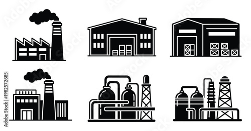 Collection of black and white industrial building icons illustrating various manufacturing and storage facilities, useful for business presentations, environmental graphics, and