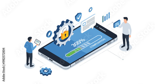 Mobile application development progress showing a loading bar and security features on a smartphone screen for programmers.