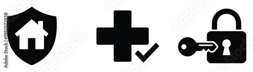 Digital icons representing comprehensive home protection, verified health solutions, and secure access mechanisms, suitable for web interfaces, application design, and informational graphic