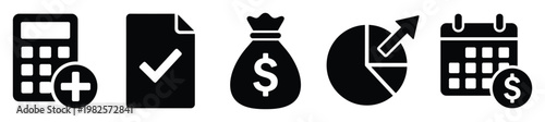 Comprehensive financial management icons representing essential business operations including budgeting, document approval, income tracking, performance analysis, and payment scheduling for