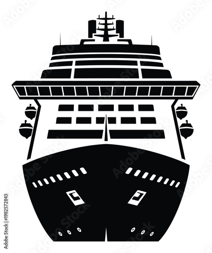 A striking black and white front view of a majestic cruise ship symbolizing luxury travel and oceanic voyages perfect for maritime industry presentations and vacation advertisements.