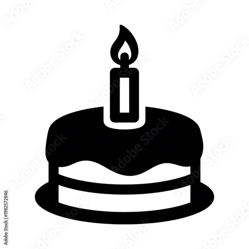 A stylish solid black birthday cake icon featuring a prominent lit candle.