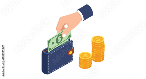 Hand putting a dollar bill into a blue wallet next to stacks of gold coins for personal finance and money saving concepts.