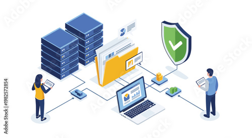 Secure data management concept showing computer servers and file folders protected by a shield for system reliability.
