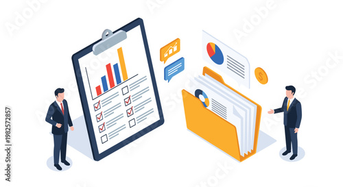 Business executives reviewing a checklist and document folder with various financial charts for corporate audit and planning.