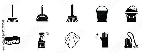 Comprehensive collection of domestic cleaning equipment and hygiene supplies icons representing tidiness and home care for household service applications