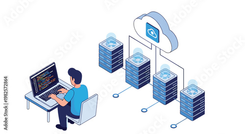Programmer coding on a laptop connected to a series of cloud servers for web development and software engineering tasks.