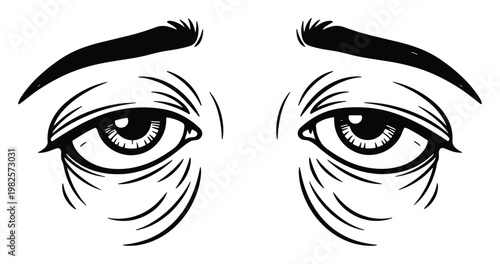 Dramatic black and white sketch of weary, stressed eyes with prominent dark circles and wrinkles, perfect for conveying exhaustion or deep emotional states in various print and digital