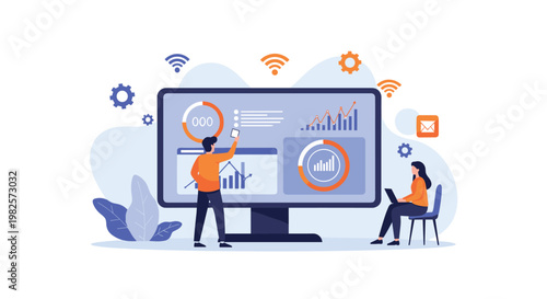 Team of analysts monitoring a large digital dashboard with business metrics and connectivity symbols for real time reporting.