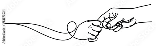 Continuous line drawing depicting two hands, one larger and one smaller, connected by an unbroken line, symbolizing connection, family, and support, suitable for various graphic applications
