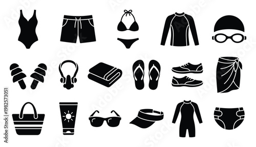 Essential swimming and beach gear glyphs collection featuring various swimwear, sun protection items, and aquatic accessories, perfect for graphic design and leisurerelated content.
