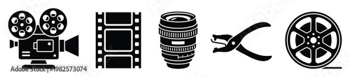 Essential cinema and photography equipment icons featuring a vintage movie camera, film strip, camera lens, splicer, and film reel, perfect for illustrating visual media production concepts
