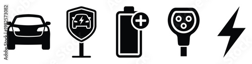 Collection of electric vehicle and charging related icons including a car, charging station sign, battery, EV plug, and lightning bolt, useful for automotive industry, energy, and