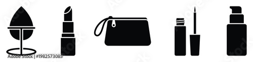Cosmetic product icons including lipstick, makeup bag, hand mirror, eyeliner, and pump bottle for beauty blogs and ecommerce visuals
