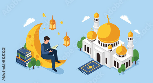 Muslim man reads the holy Quran while sitting on a large crescent moon next to an isometric mosque with lanterns during Ramadan celebration.