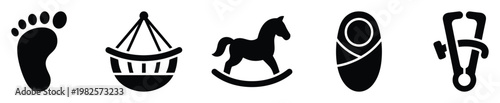 Essential icons related to baby and newborn care featuring a foot print, bassinet, rocking horse, swaddled infant, and stethoscope, useful for pediatric and maternity services.