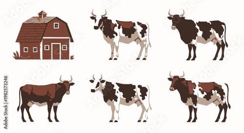 Brown and white cows standing still.