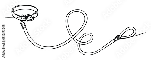 Continuous line drawing of a pet dog collar with an attached leash, perfect for pet care promotions, animal training guides, or veterinary services looking for minimalist and modern graphic