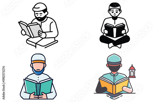 Man Reading Holy Quran Vector Illustration