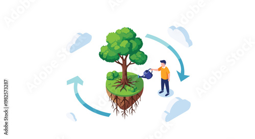 Environmental sustainability concept showing a man watering a large green tree on a floating island with recycling arrows and clouds in the sky.