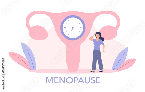 Menopause and gynecology, hormone replacement therapy. Woman with menopause symptoms, including hot flushes, anxiety, low mood, headache. Character standing at her biological clock