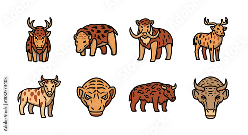Caveman face and animals illustrations.