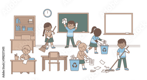 Children cleaning school classroom together.