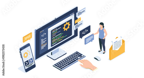 Software development and computer programming concept showing hands typing on a keyboard while a developer monitors code on a screen with gear icons.
