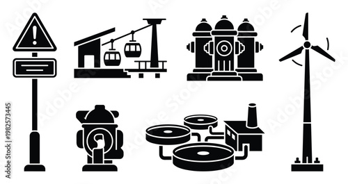 Visual representation of various public utility and industrial infrastructure elements including a warning sign cable car fire hydrants water treatment plant and wind turbine for graphic