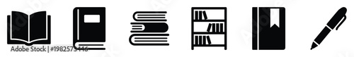 Collection of book and writing icons symbolizing knowledge and study, perfect for educational materials, library services, learning applications, and literacy program promotion.