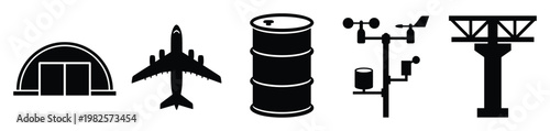 Black silhouettes illustrating aviation and industrial essentials aircraft hangar, passenger plane, storage drum, weather station, and communication tower for logistics projects.