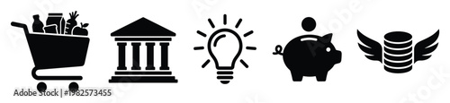 Essential financial and economic icons including shopping, banking, innovative ideas, saving, and wealth creation, ideal for illustrating business, finance, and investment related concepts.