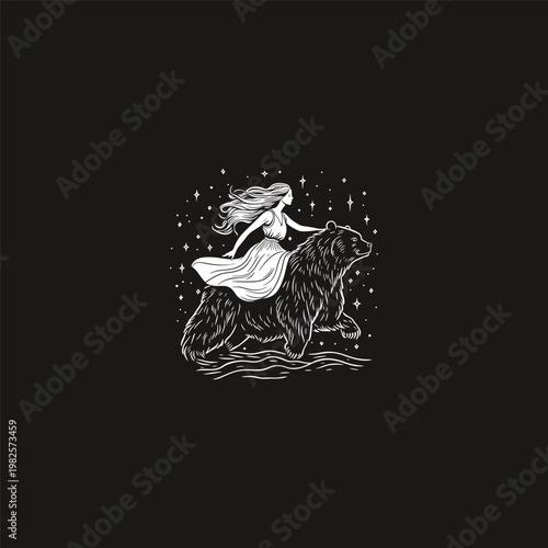 mystical illustration of a woman riding a large bear under a starry night sky
