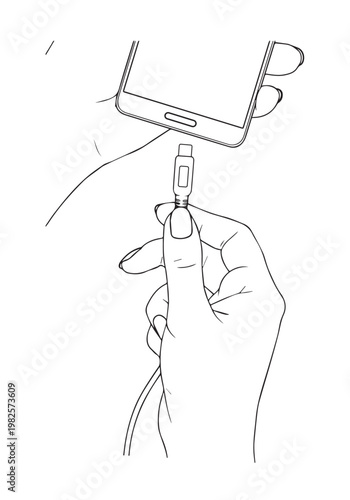 A hand is holding a mobile phone charger. Black lines.