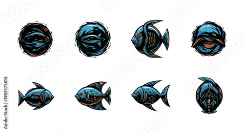 Collection of blue cartoon fish.