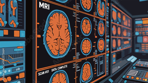 Medical MRI Brain Scan Display in Control Room