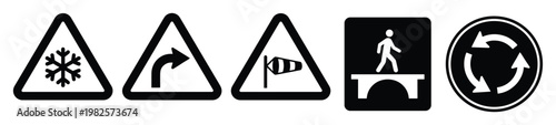 Collection of essential black and white road signs including ice, sharp curve, strong wind, pedestrian overpass, and roundabout symbols for transportation safety awareness