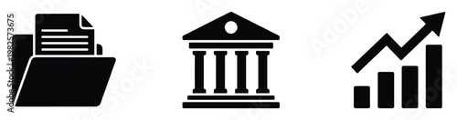 This business icon set visually represents financial management, data organization, and economic growth, ideal for presentations, reports, and administrative applications requiring clear