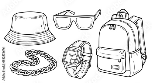 Collection of fashionable travel accessories.