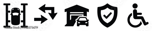 Essential service icons featuring car maintenance, traffic navigation, secure parking, and wheelchair accessibility for various application and information system uses
