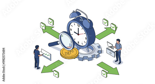 Time management and financial productivity concept showing a large alarm clock, a gear, a gold coin, and workers monitoring progress with charts.