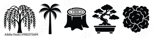 Assorted tree and plant silhouettes featuring weeping willow, tropical palm, textured tree stump, elegant bonsai, and dense bush suitable for environmental and naturalistic graphic